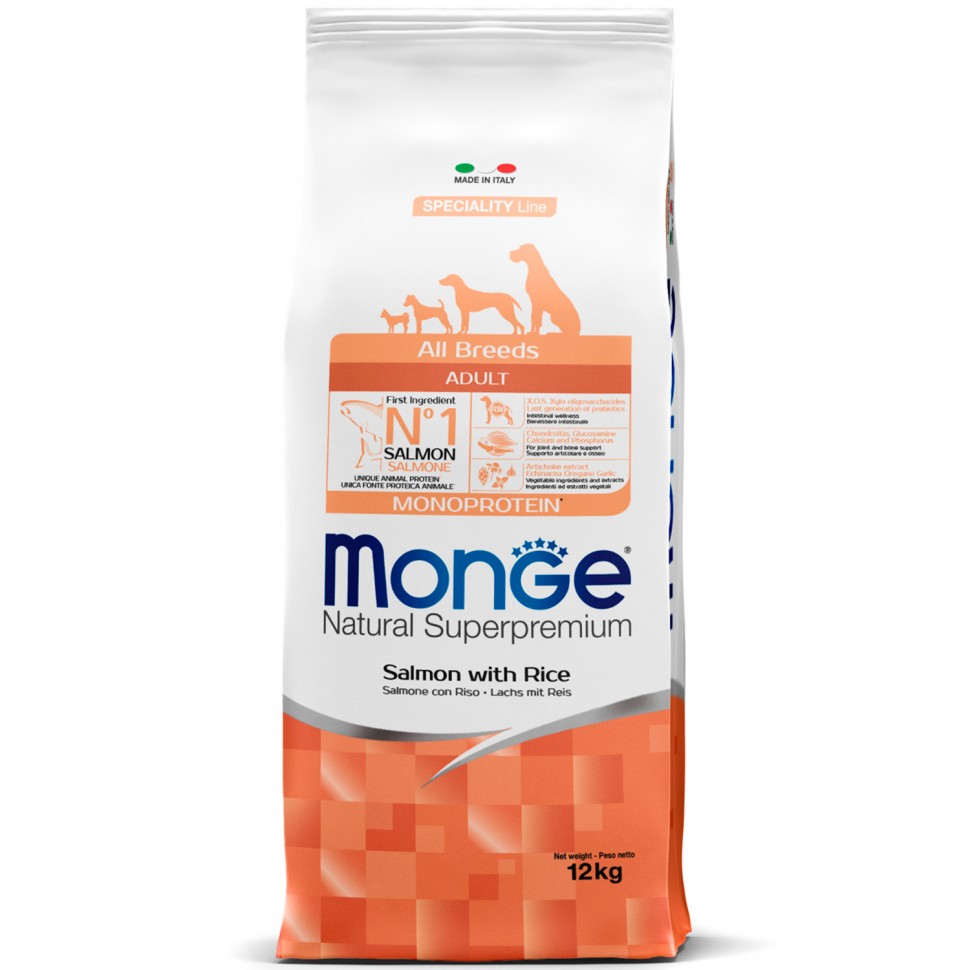 Monge Dog Monoprotein корм д/собак всех пород лосось с рисом 12кг 
